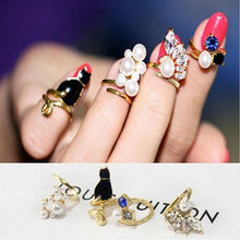 For Women Vogue Nail Rings Chic Knuckle Rings Jewelry 4pc Crystal Black Cat Pearl Rings Set J4U66