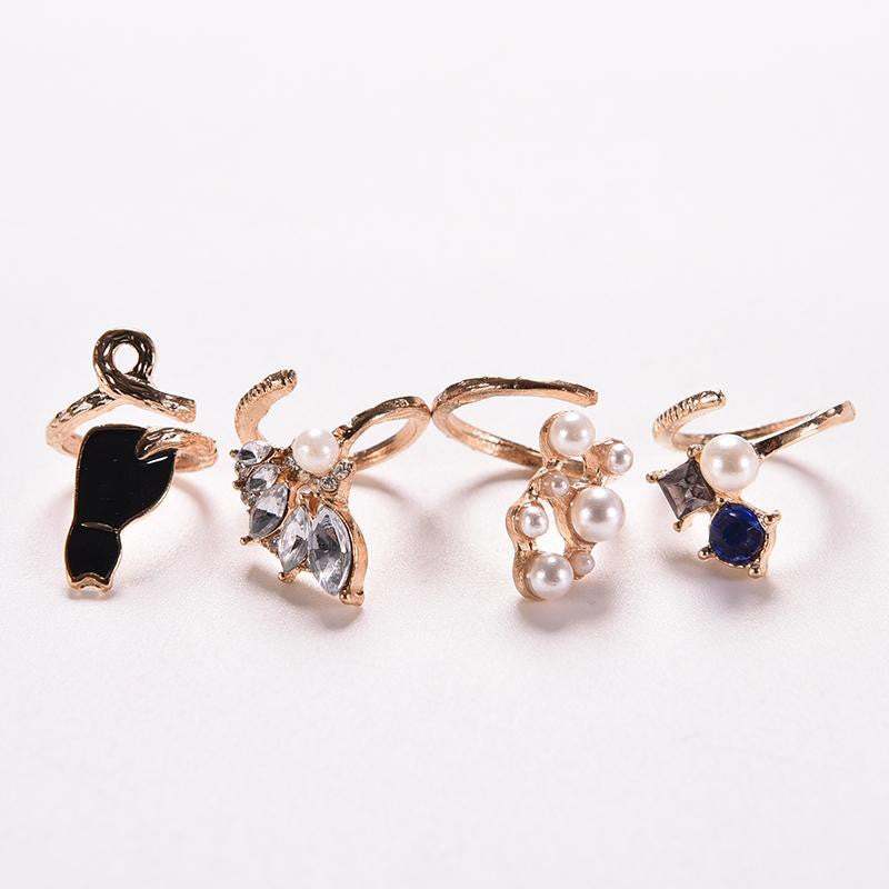 For Women Vogue Nail Rings Chic Knuckle Rings Jewelry 4pc Crystal Black Cat Pearl Rings Set J4U66