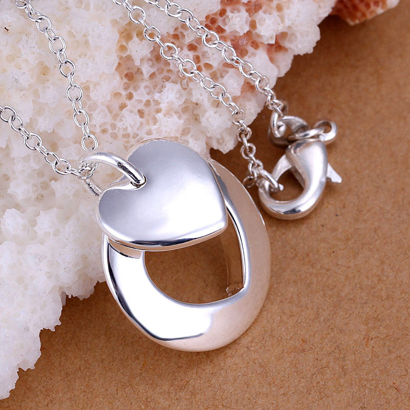 lovely silver plated pendant couple heart big necklace fine jewelry J4U66