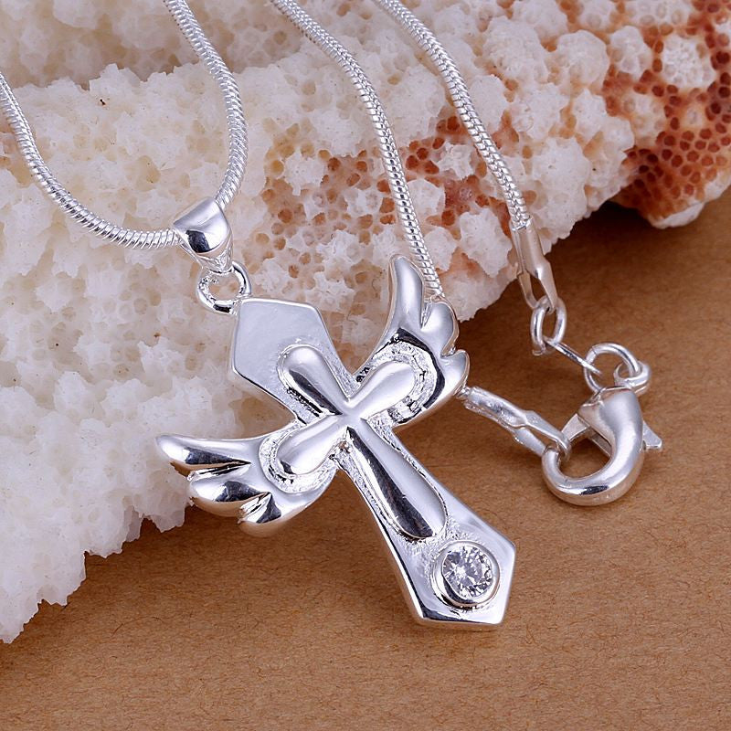 silver plated necklaces amp pendants small wings cross collares love J4U66