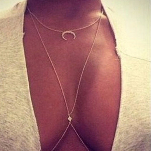 Charming Crossover Harness Crystal Moon Golden Necklace Waist Belt Belly Body Chain Jewelry J4U66