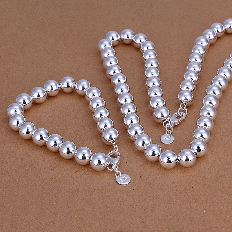 hot silver plated jewelry jewelry set 10m beads necklace bracelet men jewelry J4U66