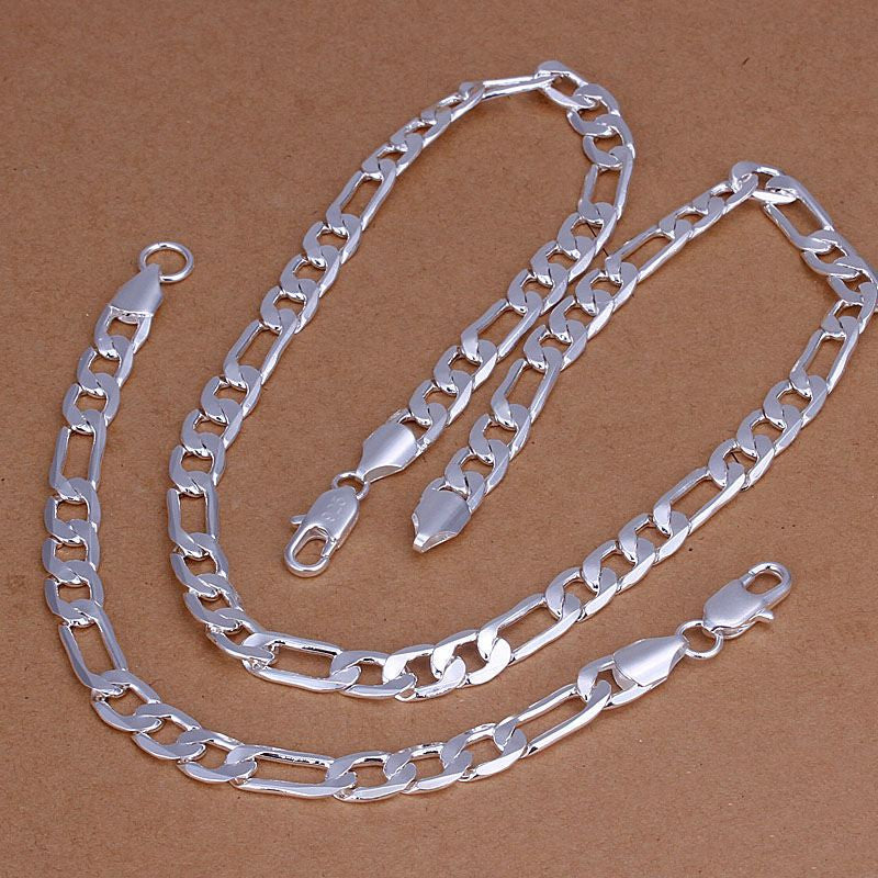 silver plated jewelry set m chain bracelet necklace wedding J4U66