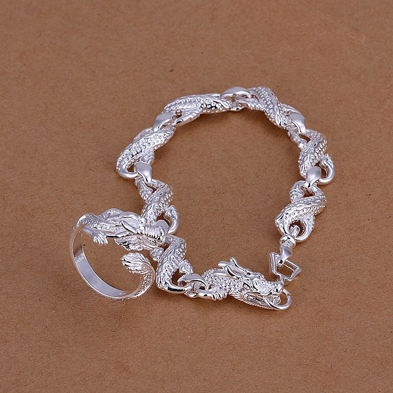 silver plated jewelry sets white dragon bracelet ring accessories J4U66