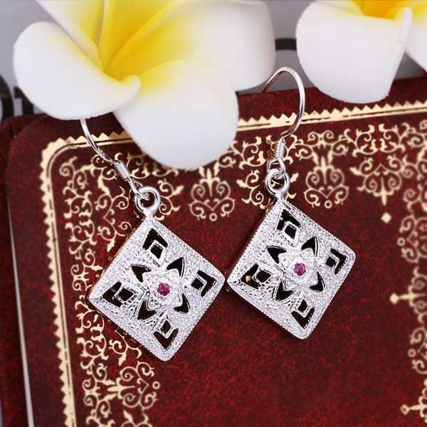 silver plated earrings flower square orecchini jewelry J4U66