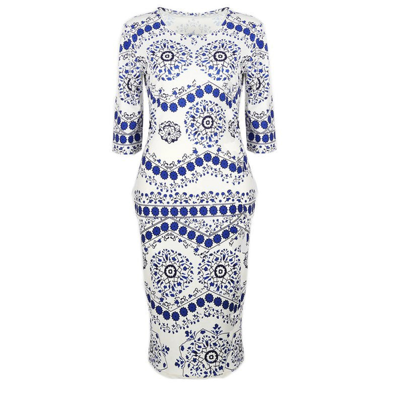 women dress elegant floral print work business casual party pencil dresses blue and white porcelain vestidos J4U66