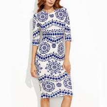 Dress Elegant Floral Print Work Business Casual Party Pencil Dresses Blue And White Porcelain Vestidos J4U66
