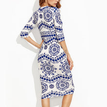 women dress elegant floral print work business casual party pencil dresses blue and white porcelain vestidos J4U66