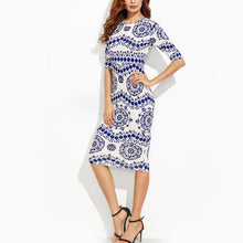 Dress Elegant Floral Print Work Business Casual Party Pencil Dresses Blue And White Porcelain Vestidos J4U66