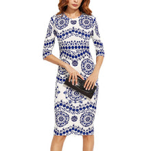 Dress Elegant Floral Print Work Business Casual Party Pencil Dresses Blue And White Porcelain Vestidos J4U66