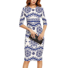 women dress elegant floral print work business casual party pencil dresses blue and white porcelain vestidos J4U66