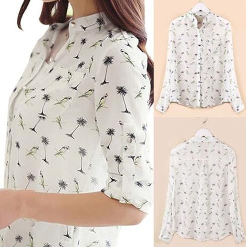 Fresh Women Tops Women Birds Printing Dot Chiffon Shirt Collar Blusa De Chiffon Blouses J4U66