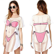 Funny Bikini Printing T shirt  O Collar short sleeves Dress Shirt Women Long T-shirt Plus Size White Tops Tees J4U66