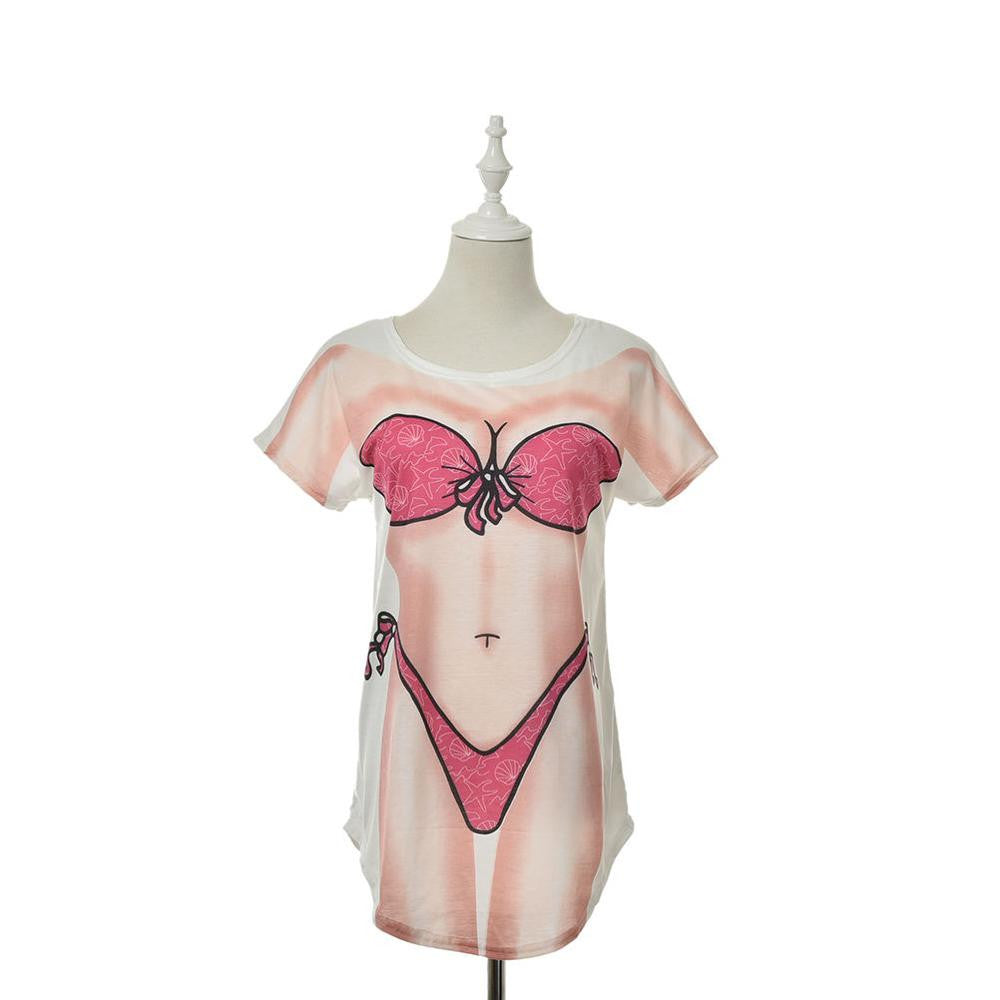 Funny Bikini Printing T shirt  O Collar short sleeves Dress Shirt Women Long T-shirt Plus Size White Tops Tees J4U66