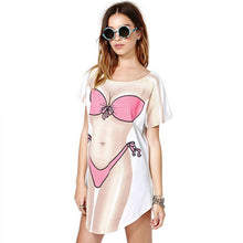 Funny Bikini Printing T shirt  O Collar short sleeves Dress Shirt Women Long T-shirt Plus Size White Tops Tees J4U66