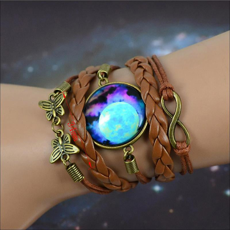 Galaxy bracelet Nebula Space Star Glass Cabochons Vintage Bronze Tone Leather Bracelet Friendship Best Gift J4U66