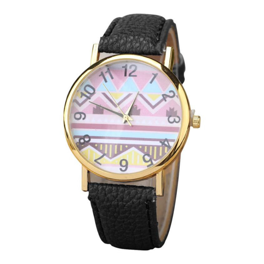 Geometry Pattern Leather Band Watch Men Women Wrist Watches J4U66