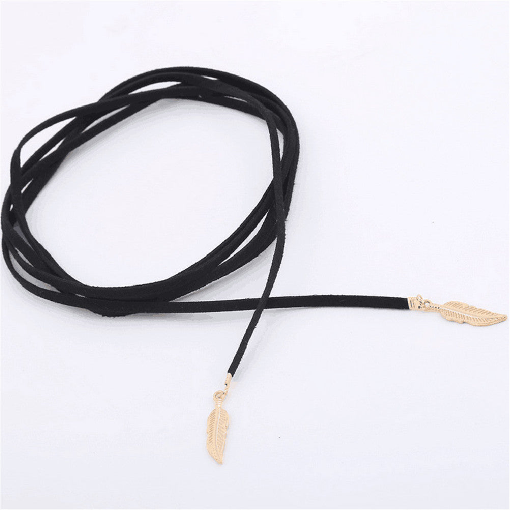 Gifts For Lady Elegant Women Long Black Velvet Rope Gold Leaf Pendant Choker Collar Necklace J4U66
