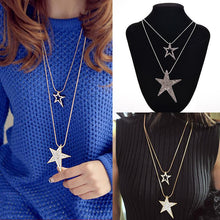 Gifts For Women Lady Jewelry Vintage Double Star Pendants Necklaces Rhineshone Long Sweater Chains Necklace J4U66