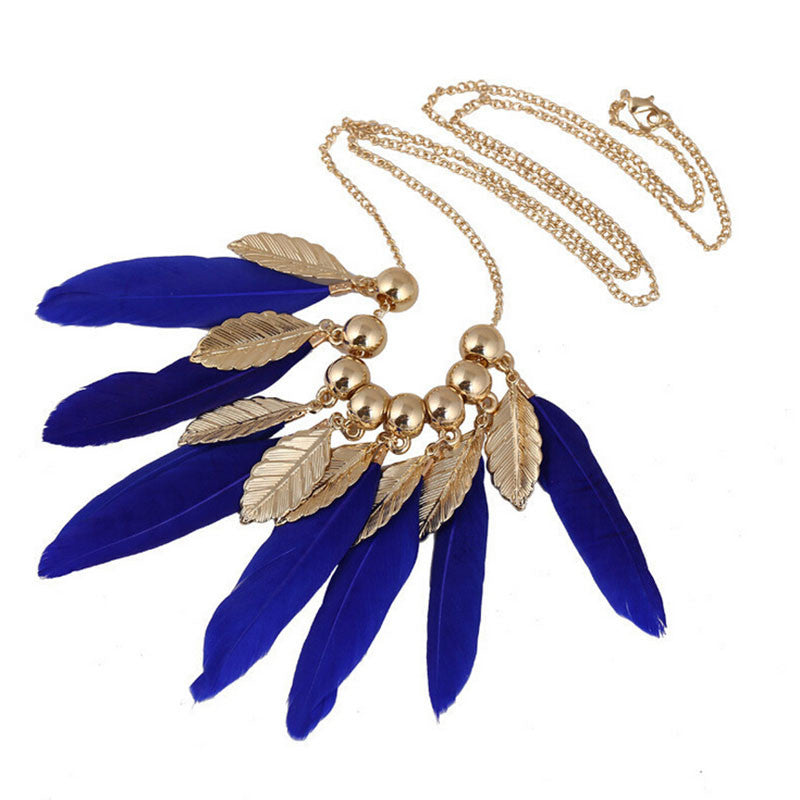 Gifts Women Big Leaves And Blue Feather Shape Necklaces s Pendants Elegant Women Choker Necklace J4U66