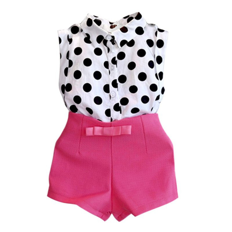 Girls Clothes Kids Boutique Outfits Sleeveless Polka Dot Blouse + Pink Short Pants Clothes Set 2-6Y J4U66