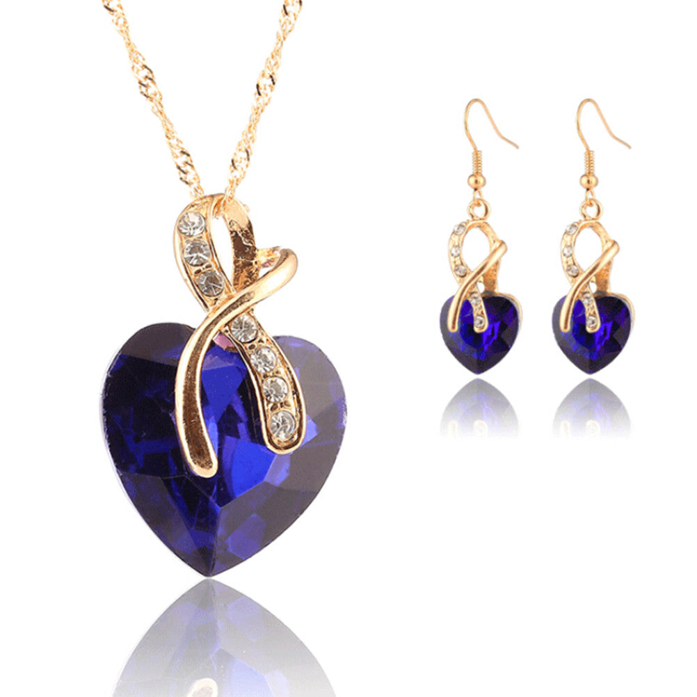 Gold Plated Crystal Heart Necklace Earrings Jewellery Set Bridal Wedding WF Drop Earrings Necklace J4U66