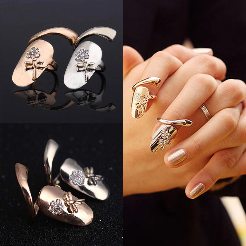Gold Silver Finger nails Ring With Crystal Dragonfly Fine Jewelry Punk Women Rings Style J4U66