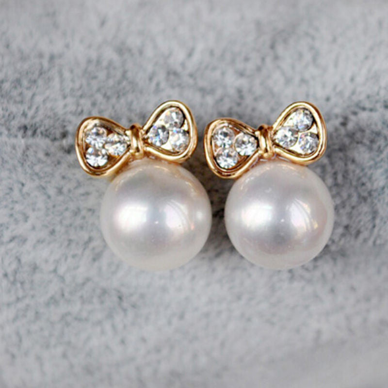 Gold Women Stud Earrings Gifts Bow Knot Pearl Stud Earrings For Women  J4U66