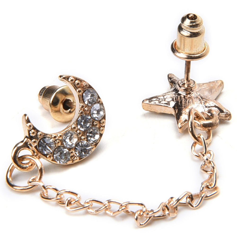 Gold plated Moon & Star Crystal Rhinestone Stud Earrings J4U66