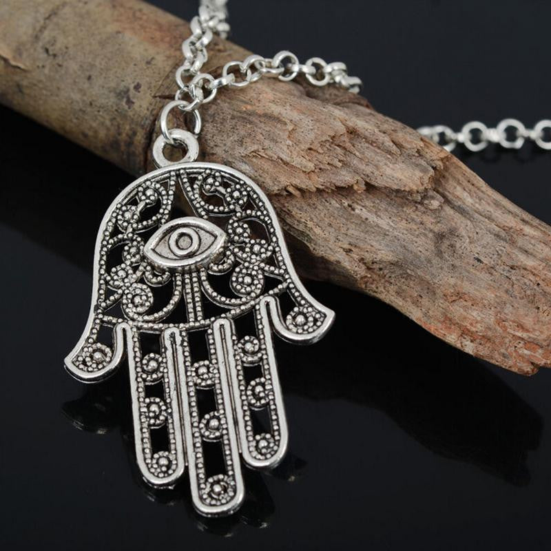 Good Luck Protection Hamsa Symbol Fatima Hand Evil Eye Pendant Chain Necklace J4U66