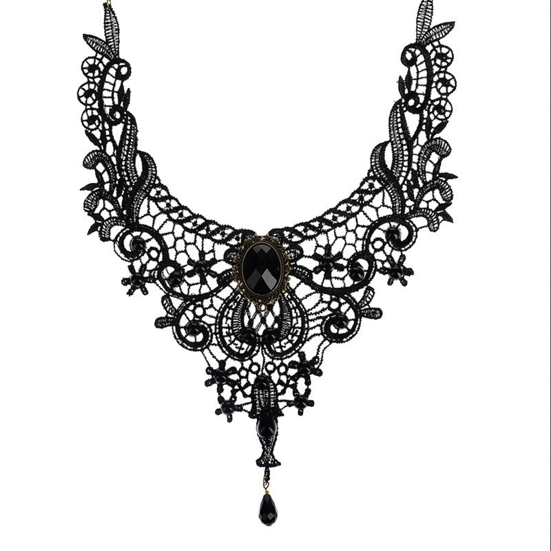 Gothic Collar Lace Necklace For Wedding Party Black Lace& Beads Handmade Short Choker Victorian Steampunk Style J4U66