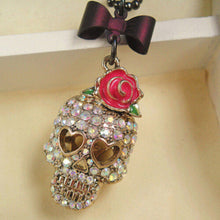 Gothic Hip Hop Skull Head Pendant Necklace With Rose Flower Bow Tie Femal Women Long Chain Sweater Necklace Jewelry J4U66