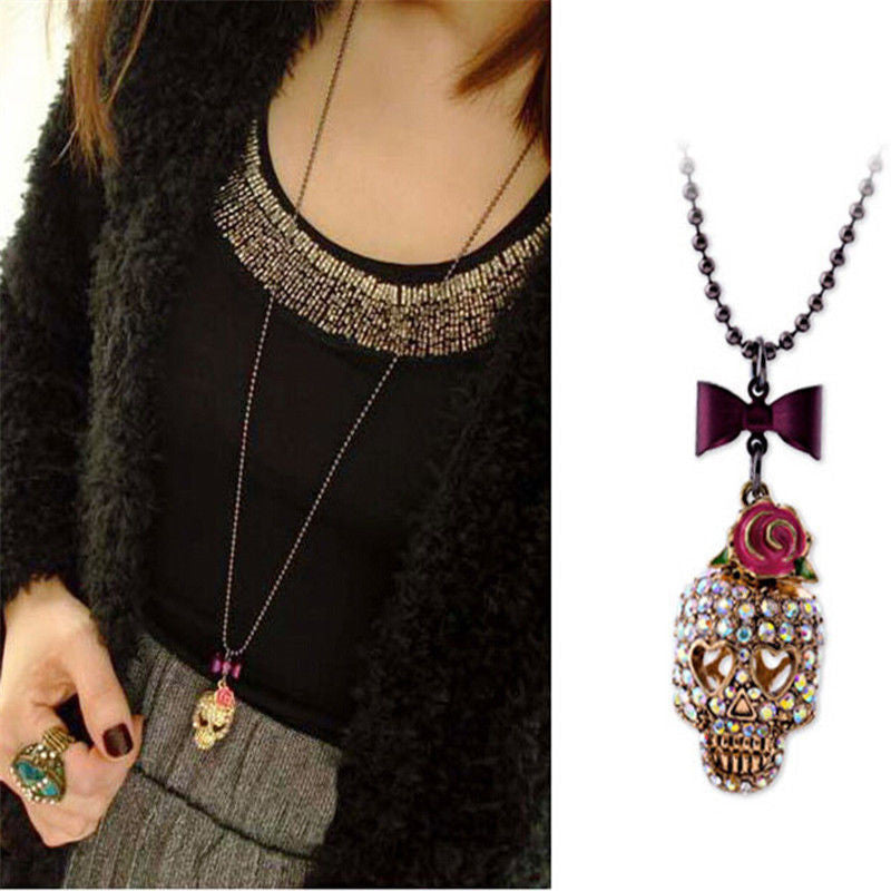 Gothic Hip Hop Skull Head Pendant Necklace With Rose Flower Bow Tie Femal Women Long Chain Sweater Necklace Jewelry J4U66