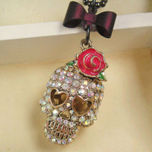 Gothic Hip Hop Skull Head Pendant Necklace With Rose Flower Bow Tie Femal Women Long Chain Sweater Necklace Jewelry J4U66