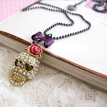 Gothic Hip Hop Skull Head Pendant Necklace With Rose Flower Bow Tie Femal Women Long Chain Sweater Necklace Jewelry J4U66