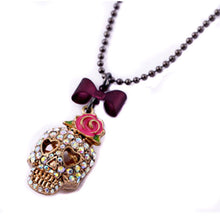 Gothic Hip Hop Skull Head Pendant Necklace With Rose Flower Bow Tie Femal Women Long Chain Sweater Necklace Jewelry J4U66