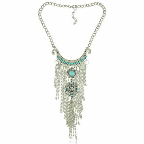 Bohemian Vintage Necklace Antique Silver Turquoise Jewelry Long Tassel Necklace Statement Necklace For Women J4U66