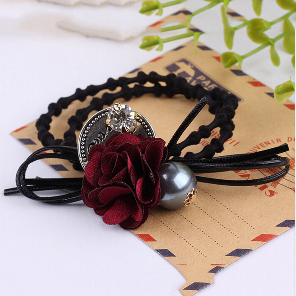 Hair Accessories Flower Hair Rope Big Flower Elastic Hair Ties Rhinestone Pearl Charms Rubber Band Elastic Headwear for Girls J4U66