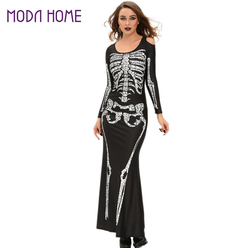 halloween wedding gowns women skeleton dress shouldercut out long sleeve floor length halloween cosplay costume party dresses J4U66
