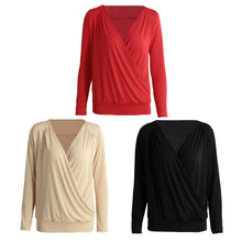 harajuku women t-shirts v neck long sleeve blusa cross solid slim casual tee tops beige red black camisas femininas J4U66