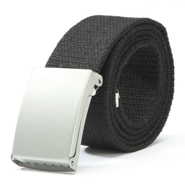 Herren Damen Waist Belt Silver Metal Buckle Canvas Waistband Strap J4U66