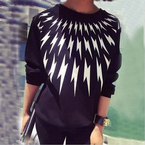 Black Women Lightning Printed Hoodies Outwear Pullover Tracksuit Sweatshirts J4U66