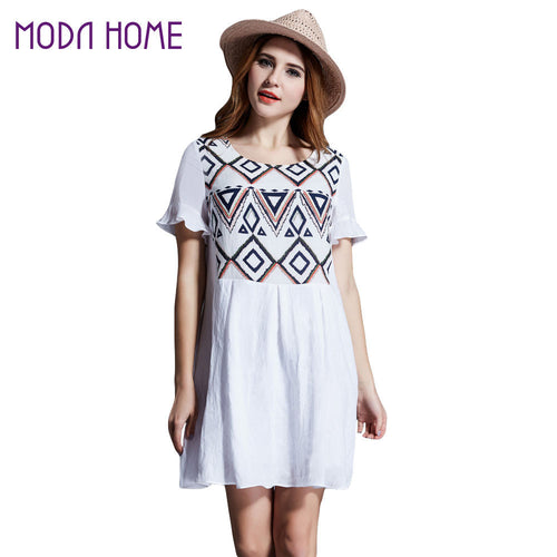 boho women dress geometry pattern printed mini beach dresses short sleeve ruffle cuffs party dress vestidos J4U66