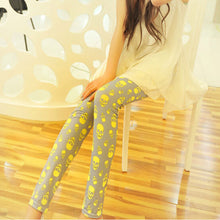 Elegant Fashion Ladies High Waist Yellow White Pants Printed Stretch nine Points Leggings Women Trousers  J4U66
