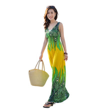 Large Size Sexy Deep V Neck Peacock Shape Bohemia Long Beach Dress Casual Tourism Maxi Dresses J4U66