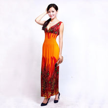 Large Size Sexy Deep V Neck Peacock Shape Bohemia Long Beach Dress Casual Tourism Maxi Dresses J4U66