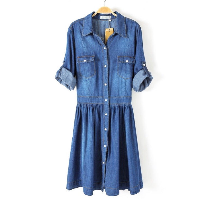 Plus Size Clothing Denim Dress Slim Cowboy Casual A Line Dress With Buttons J4U66