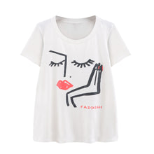 t-shirts women eyelash lip print short sleeve casual tops loose pullover women tops white plus size blusas J4U66