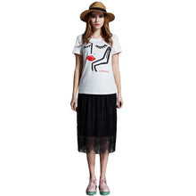 t-shirts women eyelash lip print short sleeve casual tops loose pullover women tops white plus size blusas J4U66