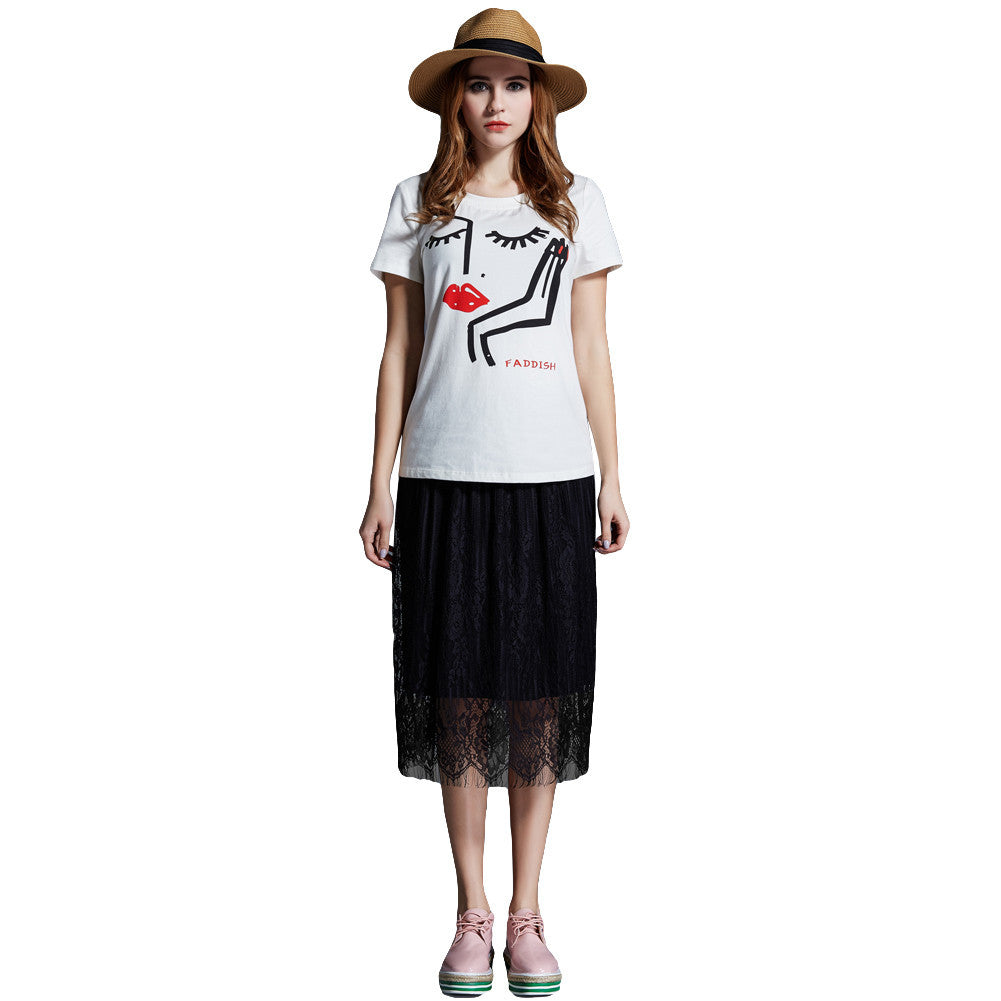 t-shirts women eyelash lip print short sleeve casual tops loose pullover women tops white plus size blusas J4U66